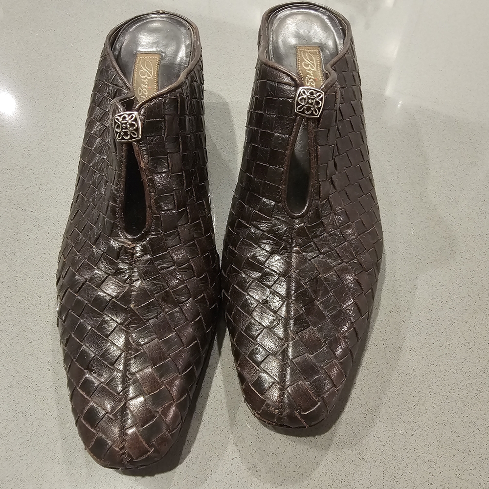 Brighton Tynan Brown Leather Woven Mules With A Silver Accent Size 8